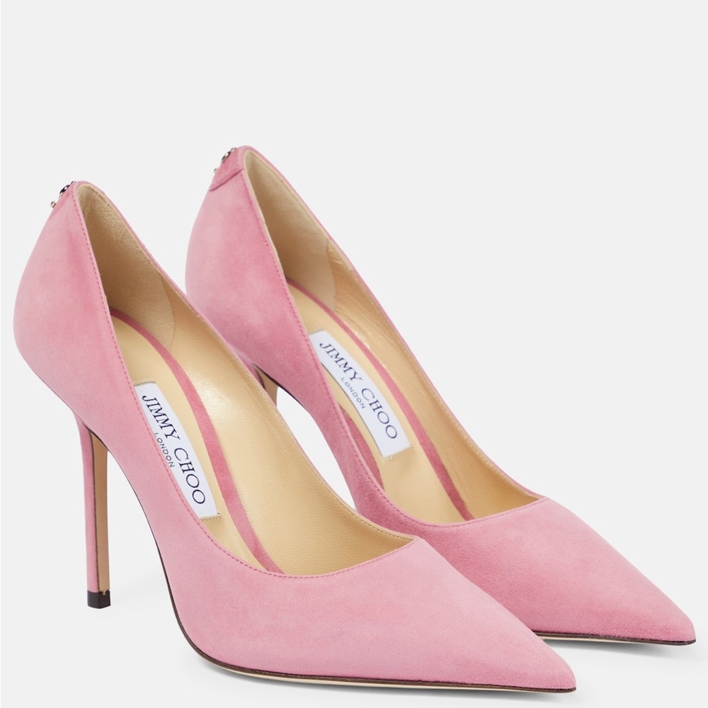 Jimmy Choo Romy 110 Pump Blush Pink Suede Pointed Toe Stiletto 37 6.5 Nude Heels